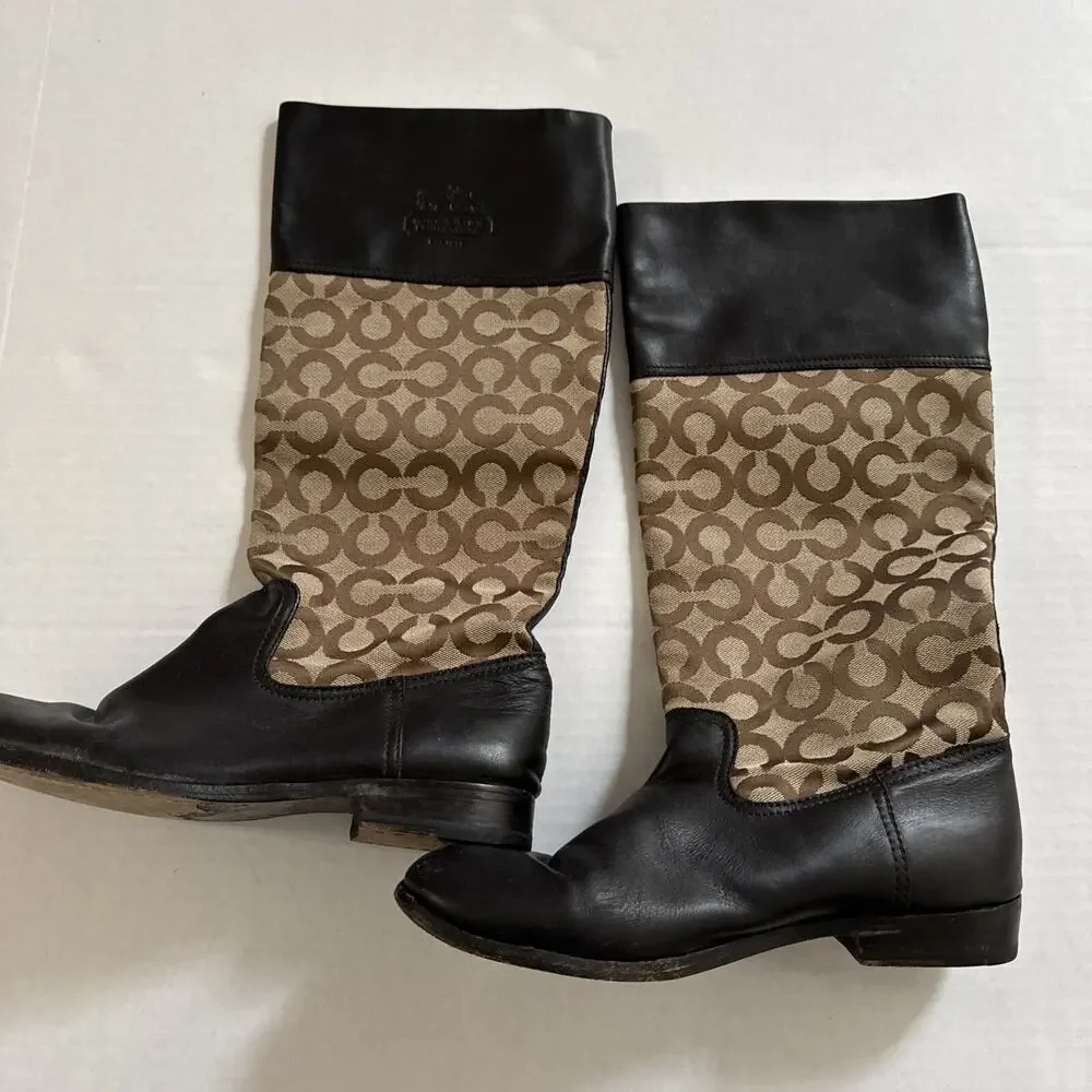 Coach Chrissi Pull Tall Knee high Flat BOOTS Khaki Brown Shoes CC Logo Size 8
